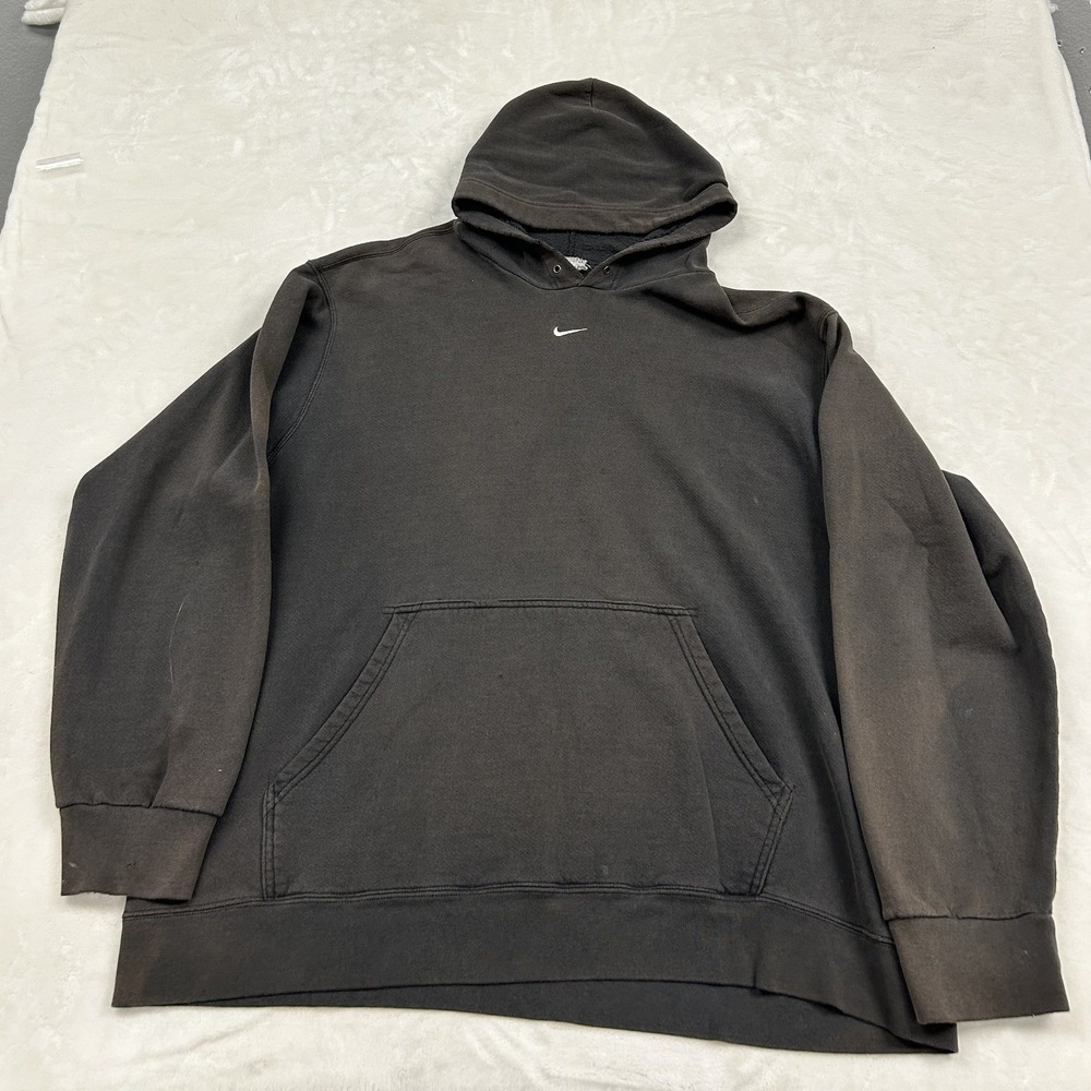 90s Nike Hoodie Mens XL Black Faded Vintage Mini Swoosh Center Logo Pullover